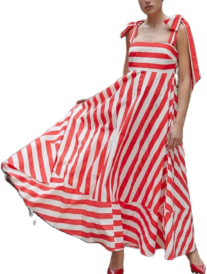 NUFIWI Women Summer Striped Maxi Dress Spaghetti Strap Cutout Ruffle Long Dress Flowy Swing Beach... | Amazon (US)