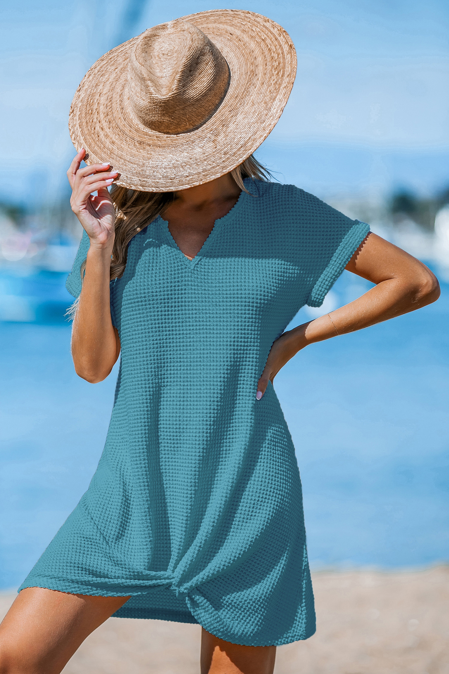 Waffle-Knit Short Sleeve Cover-Up Mini Dress | Cupshe US