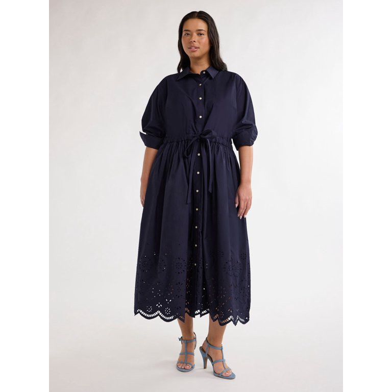 Free Assembly Women’s and Women's Plus Cotton Eyelet Maxi Shirtdress, Sizes XS-4X | Walmart (US)