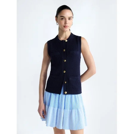 Free Assembly Women's and Women's Plus Button Front Cable Knit Sweater Vest, Lightweight, Sizes X... | Walmart (US)