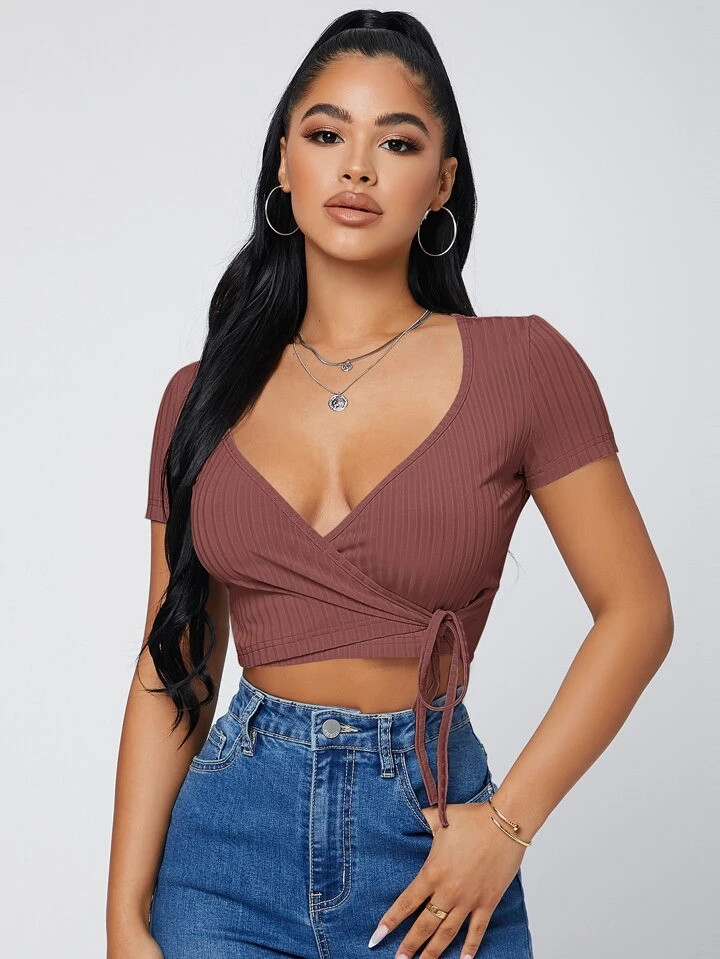 SHEIN SXY Surplice Neck Knot Side Top | SHEIN