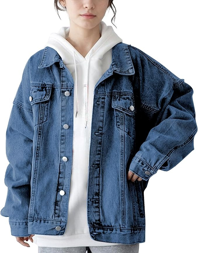 Hixiaohe Oversized Jean Jacket Women Fashion Long Sleeve Button Down Denim Jacket Loose Boyfriend... | Amazon (US)