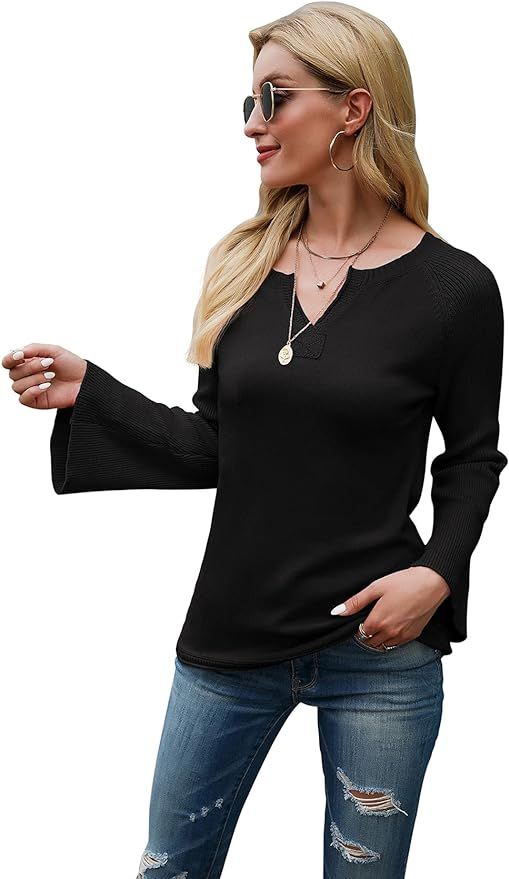 JURORANY Women's Long Sleeve Sweaters V Neck Pullover Bell Sleeve Loose Fit Knit Tops Knitwear | Amazon (US)