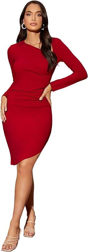 Floerns Women's Asymmetric Hem Long Sleeve Ruched Bodycon Pencil Mini Dress | Amazon (US)
