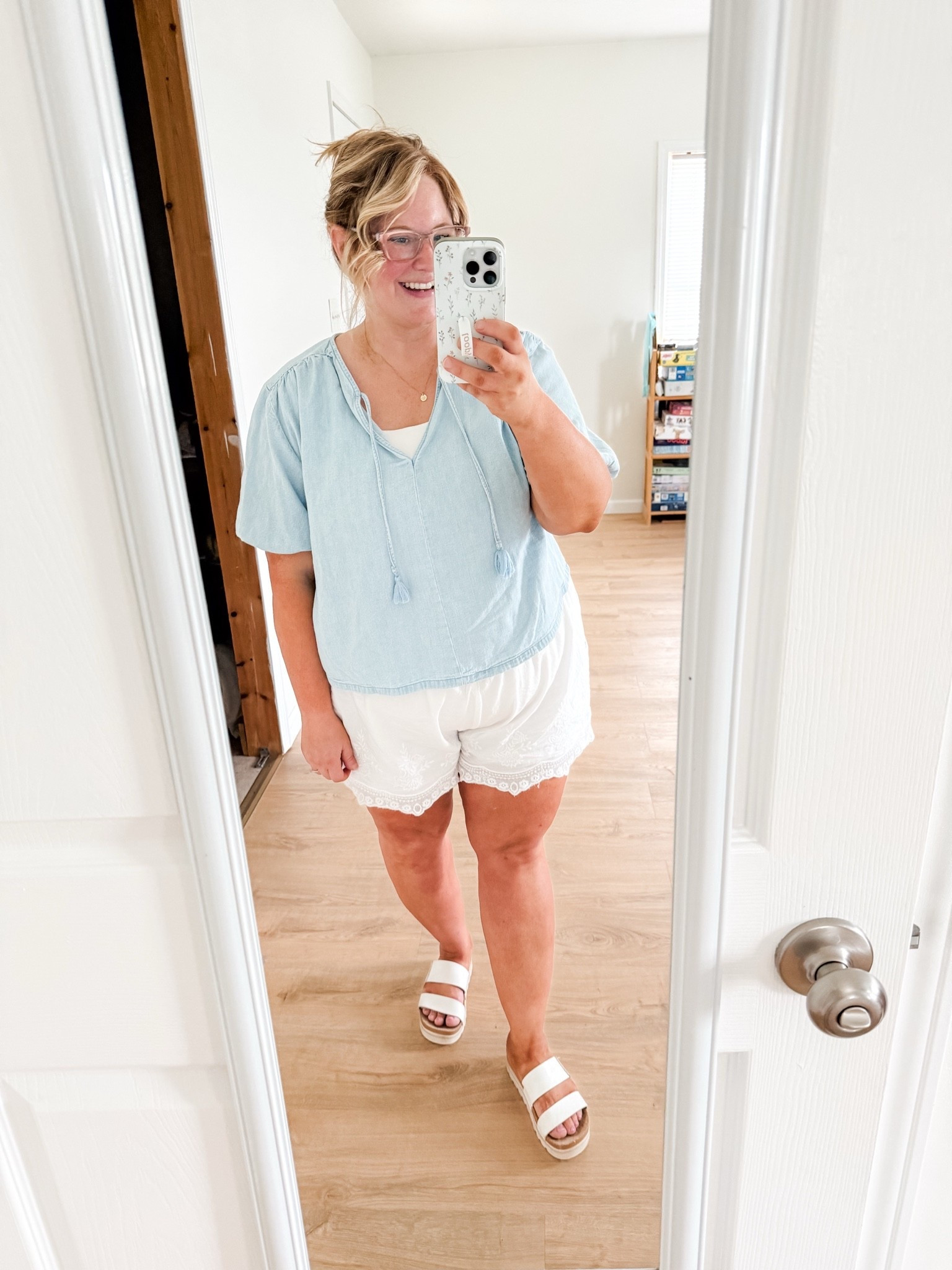 Postpartum outfit idea / chambray top and white lace trim shorts with a stretchy waistband 

Also wearing my favorite blue light glasses - you can use code STUFFSTEPHSHARES15 to save!

#LTKBump #LTKMidsize #LTKSeasonal