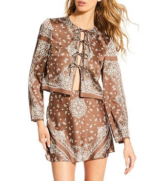 Gianni Bini Josie Bandana Printed Tie Front Long Sleeve Satin Coordinating Blouse | Dillard's | Dillard's