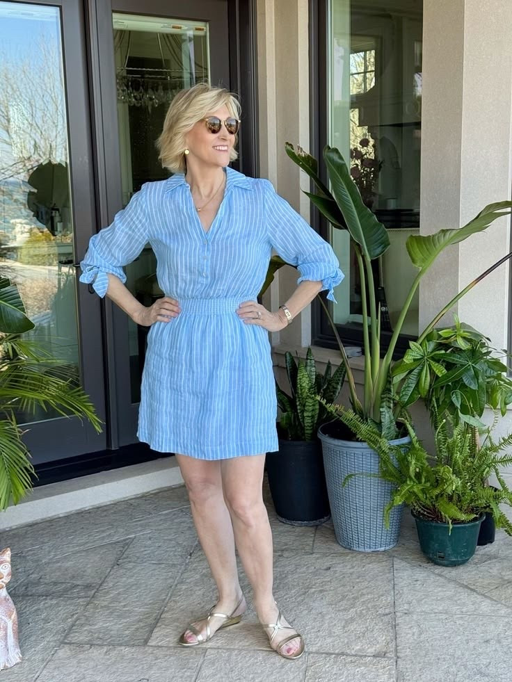 There’s something about blue pinstripes that just feels so effortlessly classic 💙

This short dress is one of those easy pieces that still makes you feel instantly pulled together — the long sleeves give it a polished, slightly tailored feel, while the lighter silhouette keeps it relaxed and perfect for warmer days. And then the gold sandals… just the prettiest little touch to warm everything up and add a bit of glow.

It’s giving that “I didn’t overthink this but still look put-together” energy, which is always the goal in my book.

#LTKOver40 #LTKSeasonal #LTKootd