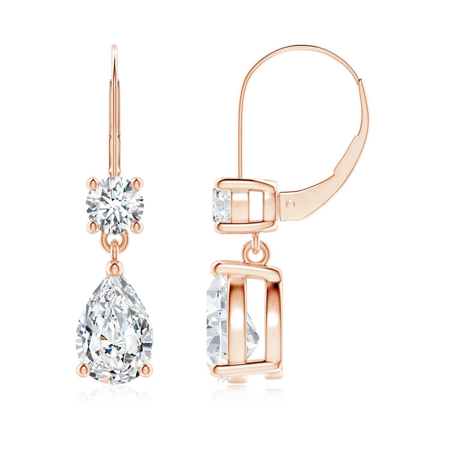 Angara 2.5 Carats Lab-Grown Pear Diamond Leverback Drop Earrings with Lab Diamond Accent in 14K Rose Gold | Angara Inc.