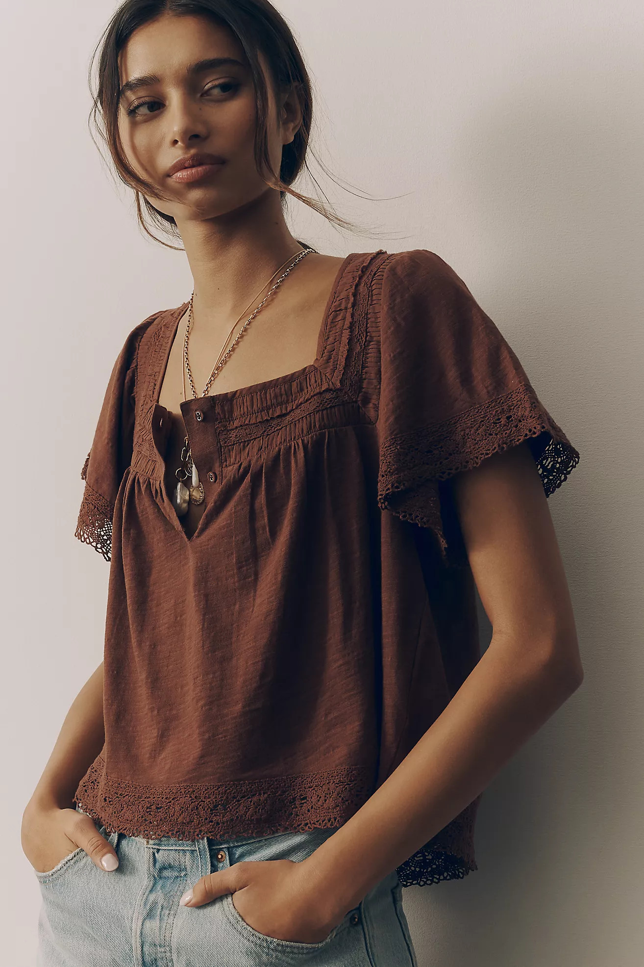 By Anthropologie Lace-Trimmed Short-Sleeve Henley | Anthropologie (US)