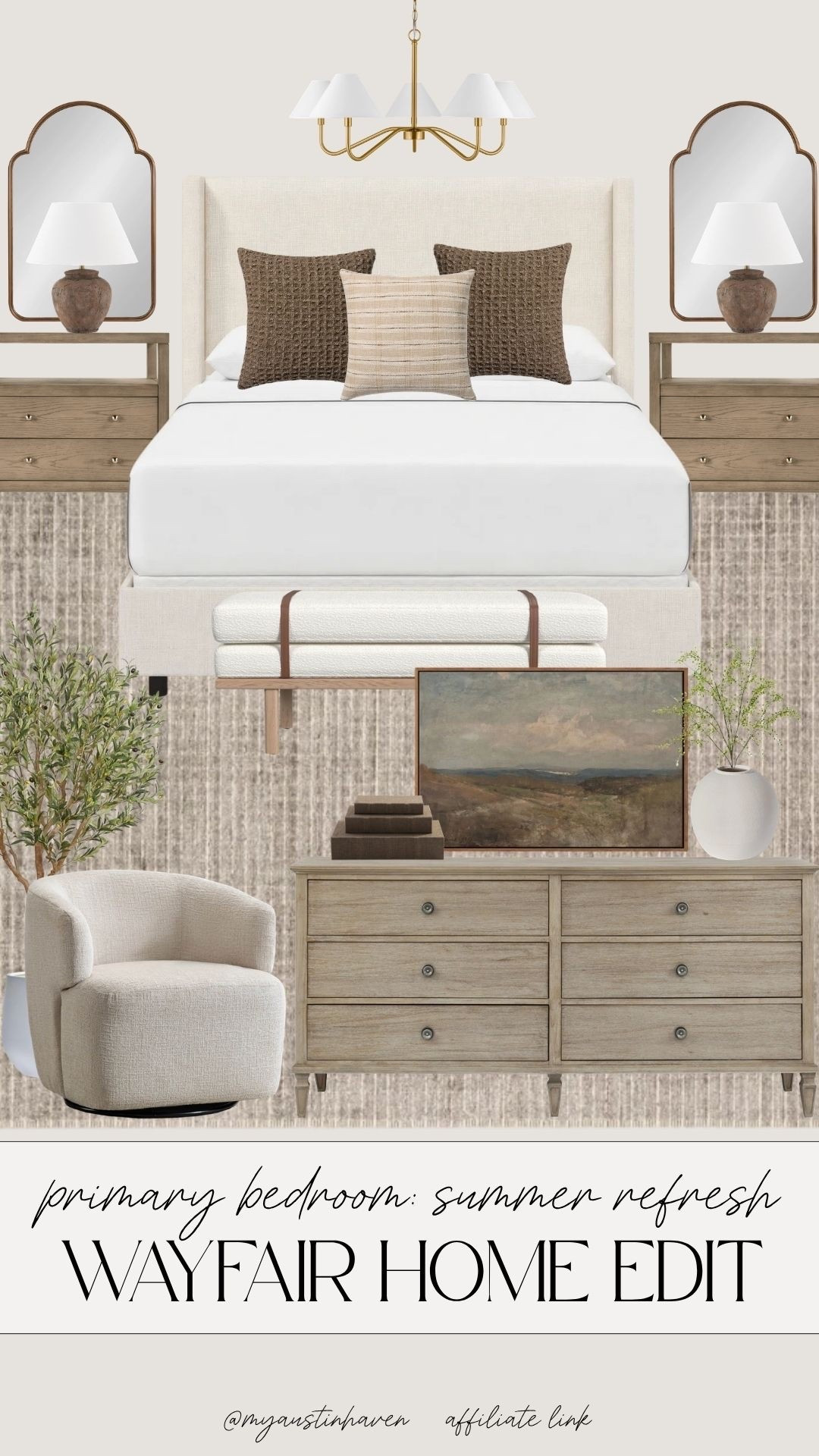 Wayfair bedroom finds for a calm summer refresh with warm neutrals, cozy textures and timeless home accents. 🤍

Wayfair home, Wayfair bedroom, Wayfair finds, bedroom refresh, summer bedroom, primary bedroom, bedroom decor, home edit, neutral bedroom, warm neutrals, upholstered bed, wood nightstand, dresser, bedroom bench, accent chair, area rug, table lamp, arched mirror, gold chandelier, throw pillows, landscape art, decorative boxes, white vase, olive tree, faux stems, cozy bedroom, timeless decor, neutral home, summer home refresh.