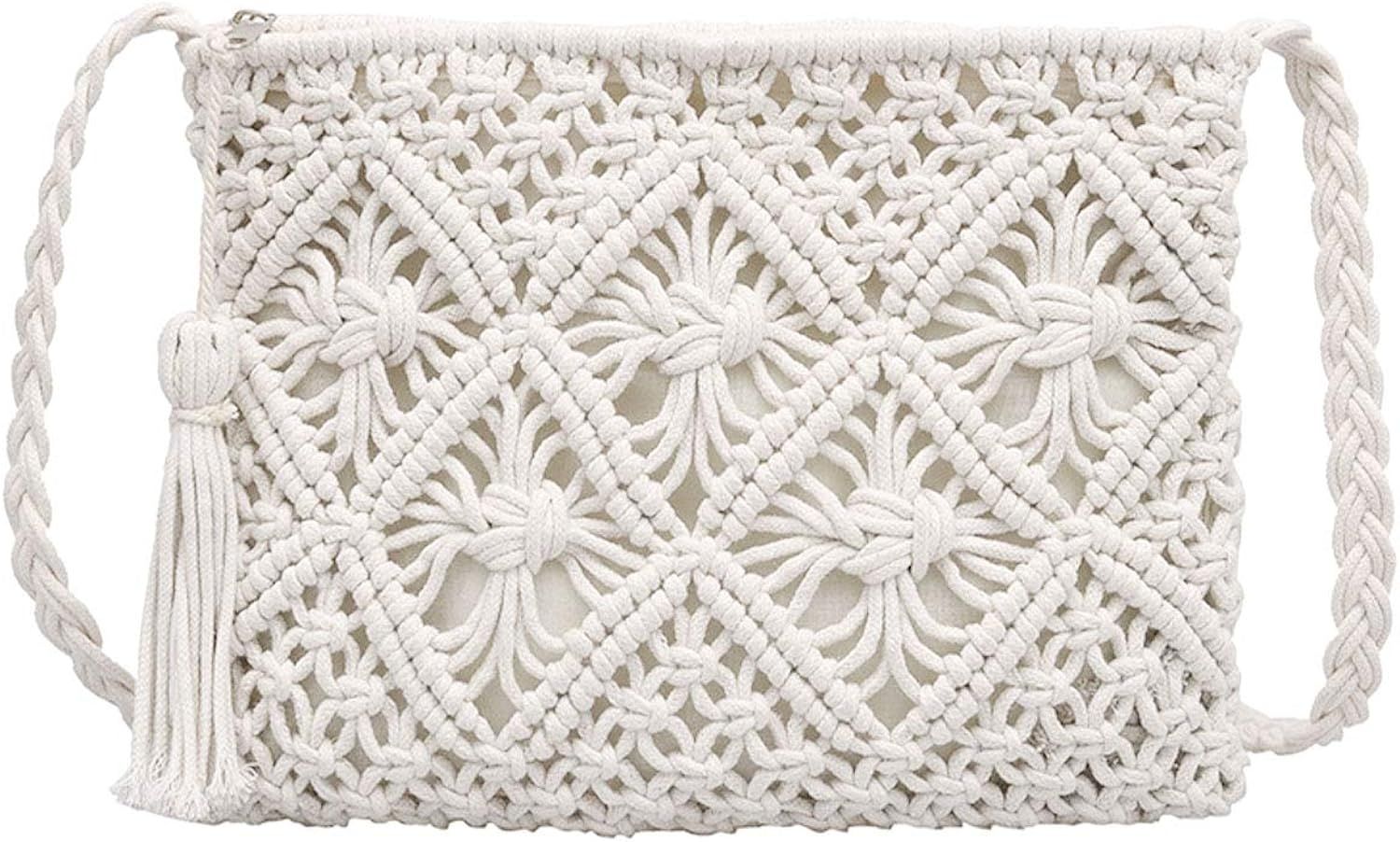 Meyaus Women Small Fringed Cotton Crochet Cross-body Bag Bohemian Shoulder Bag Purse | Amazon (US)
