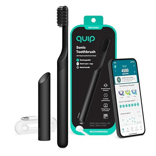 Quip Rechargeable Smart Sonic Toothbrush for Adults - Timed Electric Toothbrush with Bluetooth & Rewards App - Replaceable Brush Head, Soft Bristles, Metal Handle - Travel Toothbrush - All-Black | Amazon (US)