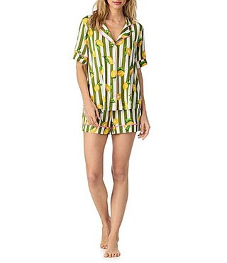 Room Service Lemon Stripe Print Short Sleeve Notch Collar Jersey Knit Shorty Pajama Set -  S | Dillard's