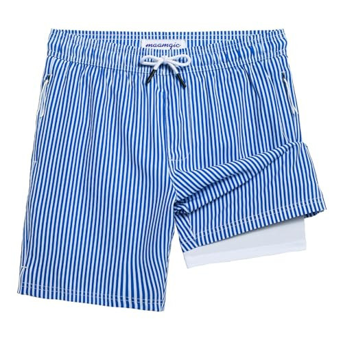 maamgic Boys Swim Trunks Compression Liner Stretch Teen Boy Swim Shorts Anti-Chafe Bathing Suits with Zipper Pocket Stripe Blue 10/12 | Amazon (US)