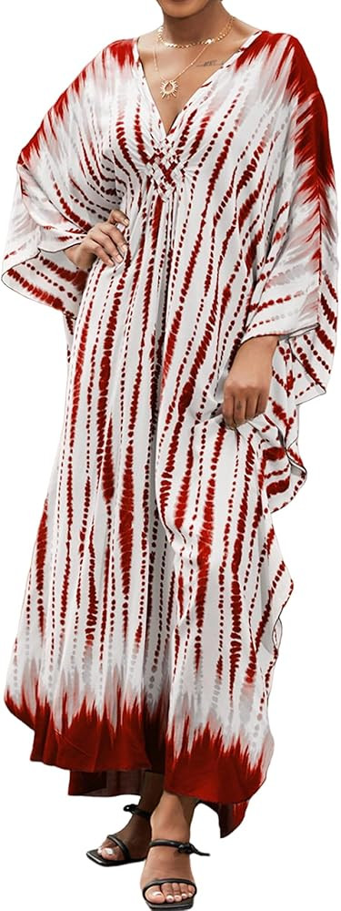 Moss Rose Women Summer Caftan Coverups Dress Kimono Beach Vacation Wear V Neck Print Maxi Boho Dr... | Amazon (US)