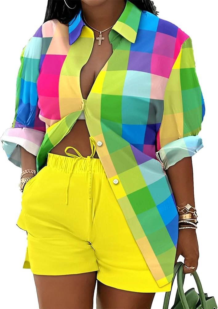 Mandonce 2 Piece Outfits for Women Long Sleeve Printed Shirt and Elastic Lace-Up Shorts with Pock... | Amazon (US)