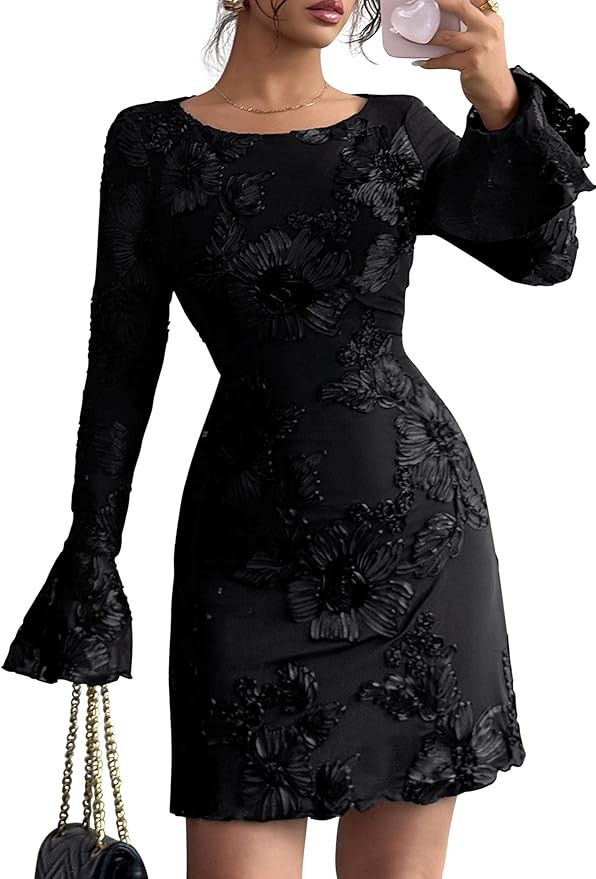 PRETTYGARDEN Women's Floral Embroidered Dress 2025 Fall Long Bell Sleeve Ribbon Flower Mini Short... | Amazon (US)