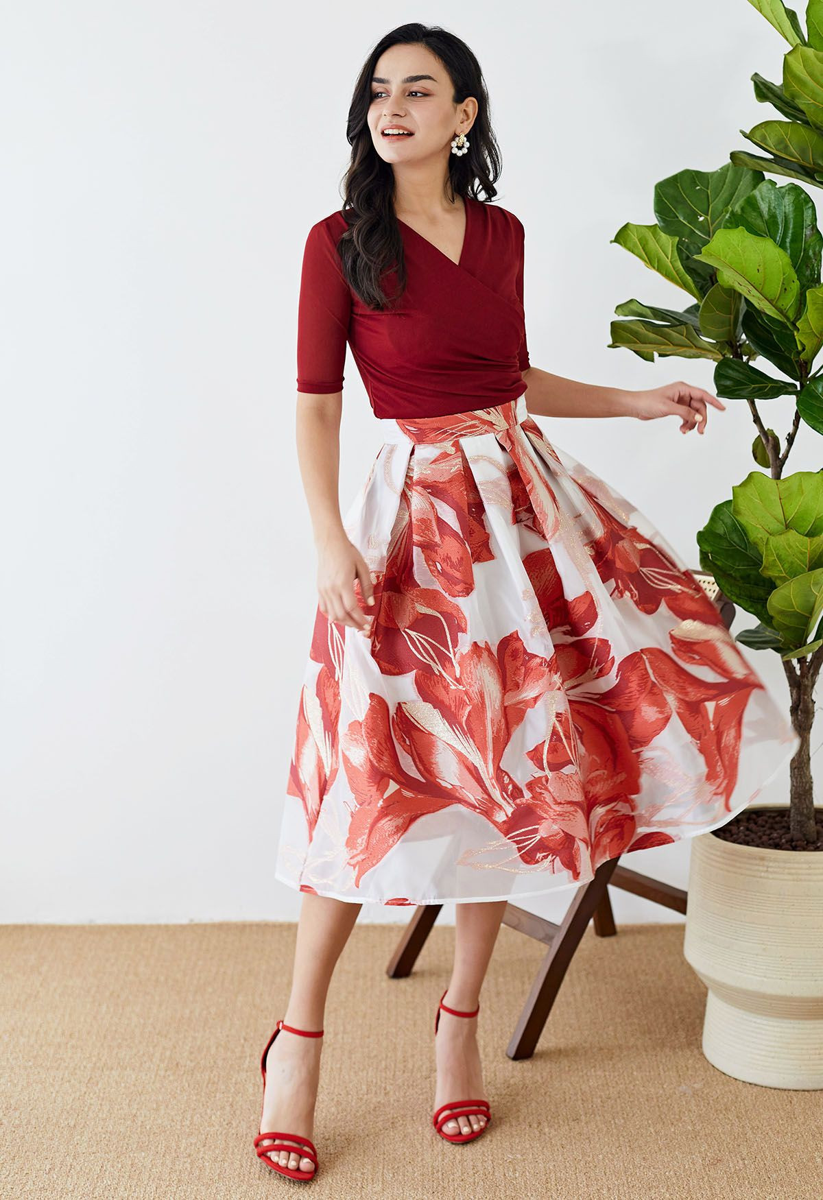 Artistic Floral Jacquard Organza Pleated Midi Skirt in Red | Chicwish