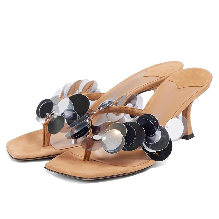 Goolita Women's Suede Sequin Kitten Heels Flip Flops Open Square Toe Strappy Thong Slide Heeled S... | Amazon (US)