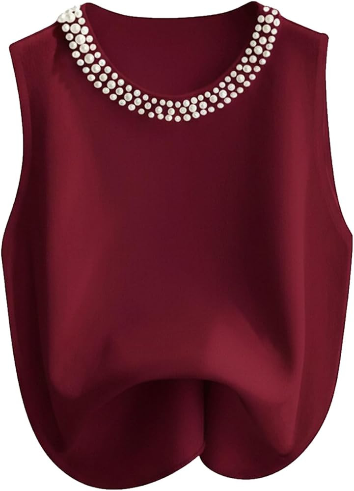 WDIRARA Women's Pearl Beaded Crew Neck Sleeveless Tank Top Going Out Tops | Amazon (US)