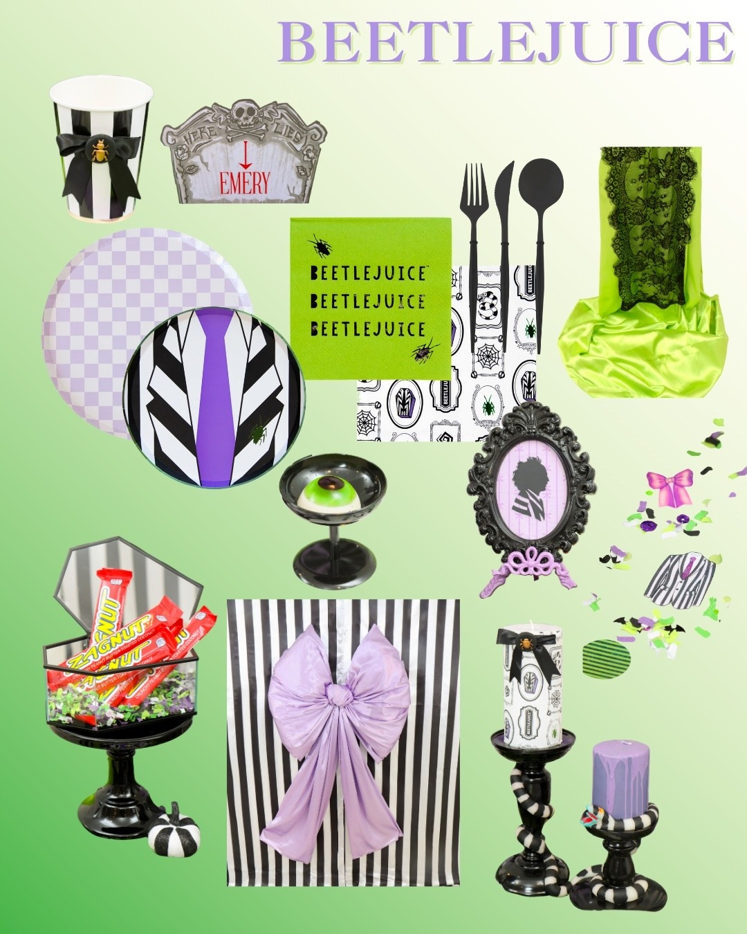 🚨 TRICK OR THEME DROP #7 🚨
This week’s drop: Beetlejuice 🖤🪲💚
 
It’s showtime. Black-and-white stripes set the stage, anchored by one big bold purple bow—Beetlejuice’s signature tie reimagined as a backdrop statement. The plates echo his striped suit, the napkins dare you to say his name three times, and coffin boxes brim with Zagnut bars for that classic creepy snack.
 
The table is packed with Beetlejuice mischief: gravestone place cards, sandworm candlesticks paired with DIY Beetlejuice napkin candles, and a spider-leg cake stand that looks like it could walk off the table. Add neon greens, beetle details, and just enough chaos, and you’ve got a party Beetlejuice himself would crash.
Here’s what you’ll find in this drop:
✨ DIY: Beetlejuice candles + sandworm candlesticks
🖤 Guest detail: gravestone place cards + striped suit-and-tie plates
🍫 Food highlight: Zagnut bars in coffin boxes + creepy eyeball treats
🛒 Shop-the-look Beetlejuice party picks
⚡ Pro hack: sneak beetles into the details for instant Beetlejuice vibes
 
💀 Save this inspo for your Halloween party
👻 FOLLOW so you don’t miss the next DROP
#trickortheme #beetlejuiceparty #halloweendecor #halloweenpartyideas #halloweendiy

#LTKHalloween #LTKSeasonal #LTKParties