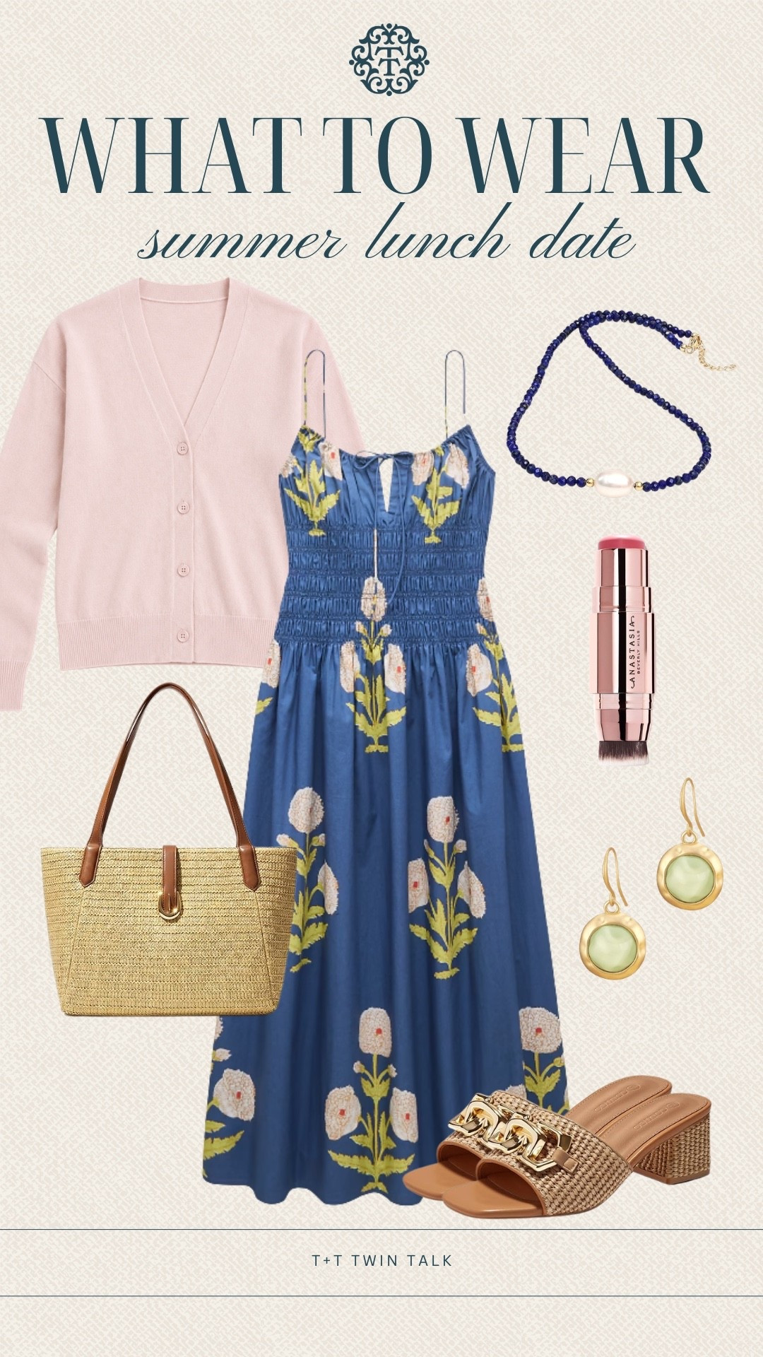T+T, what to wear! This blue printed dress styled with the soft pink cardigan creates such a pretty summer lunch date outfit. Add the woven tote, blue beaded necklace, gold earrings, blush stick, and neutral heels for a look that works for brunch, lunch, or a warm-weather dinner.

#LTKootd #LTKgrwm #LTKdayinmylife
