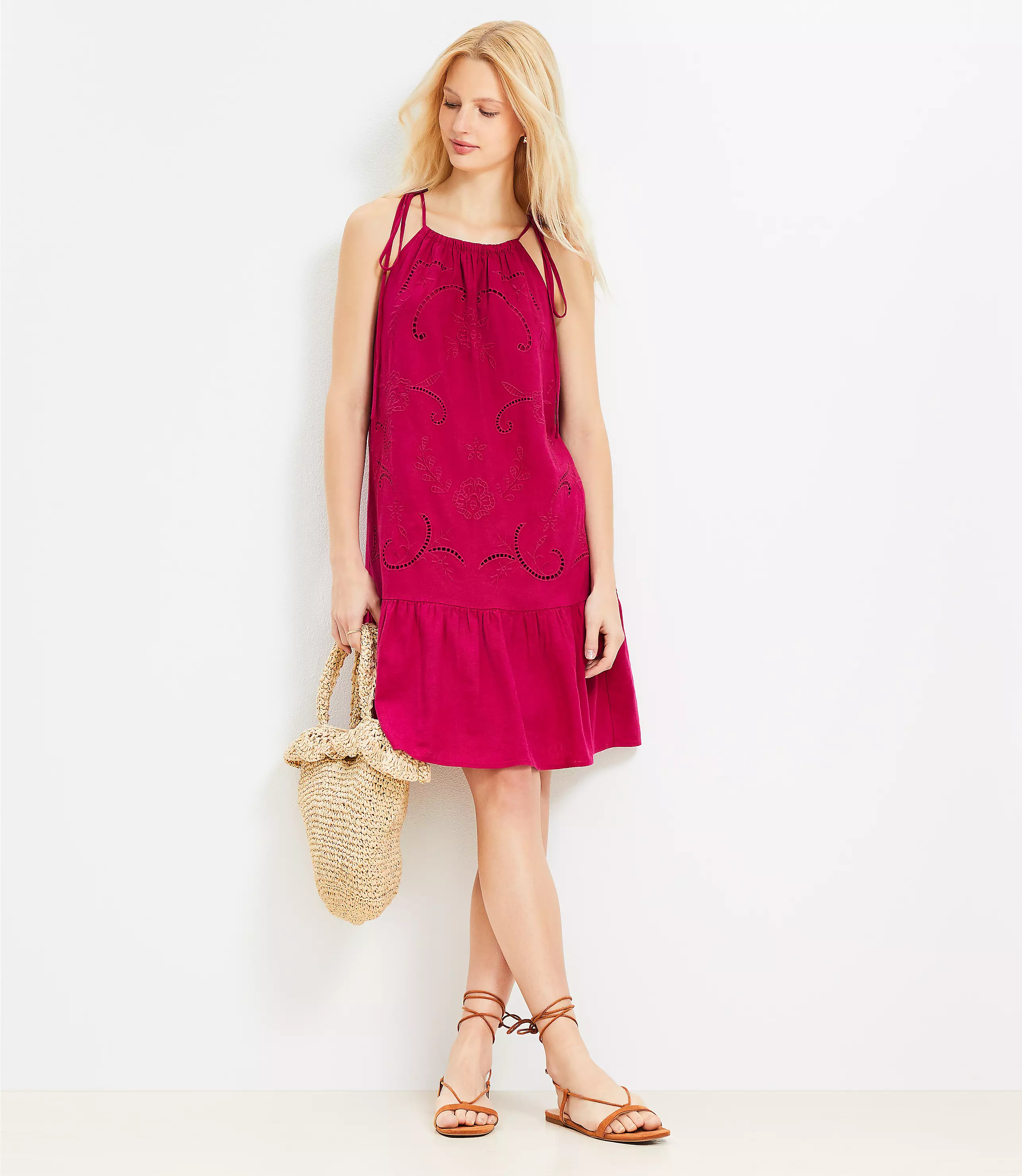 Tall Eyelet Linen Blend Mini Halter Dress | LOFT