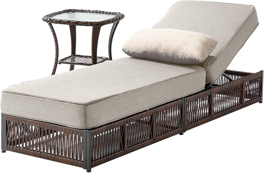 Luxury 2PCS Outdoor Chaise Lounge and Side Table Set with 5 Inch Thick Cushions - High Back Brown... | Amazon (US)