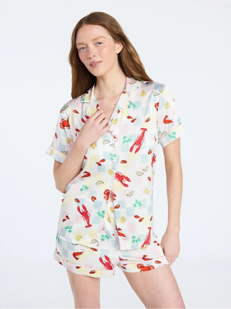 Joyspun Women’s Stretch Satin Short Sleeve Top and Shorts Pajama Set, Sizes XS-3X | Walmart (US)