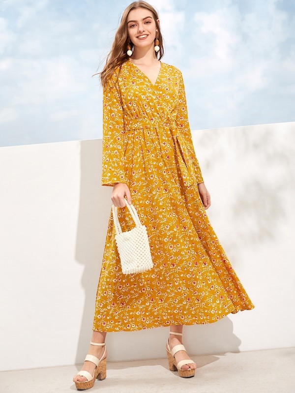 Ditsy Floral Surplice Wrap Belted Dress | SHEIN