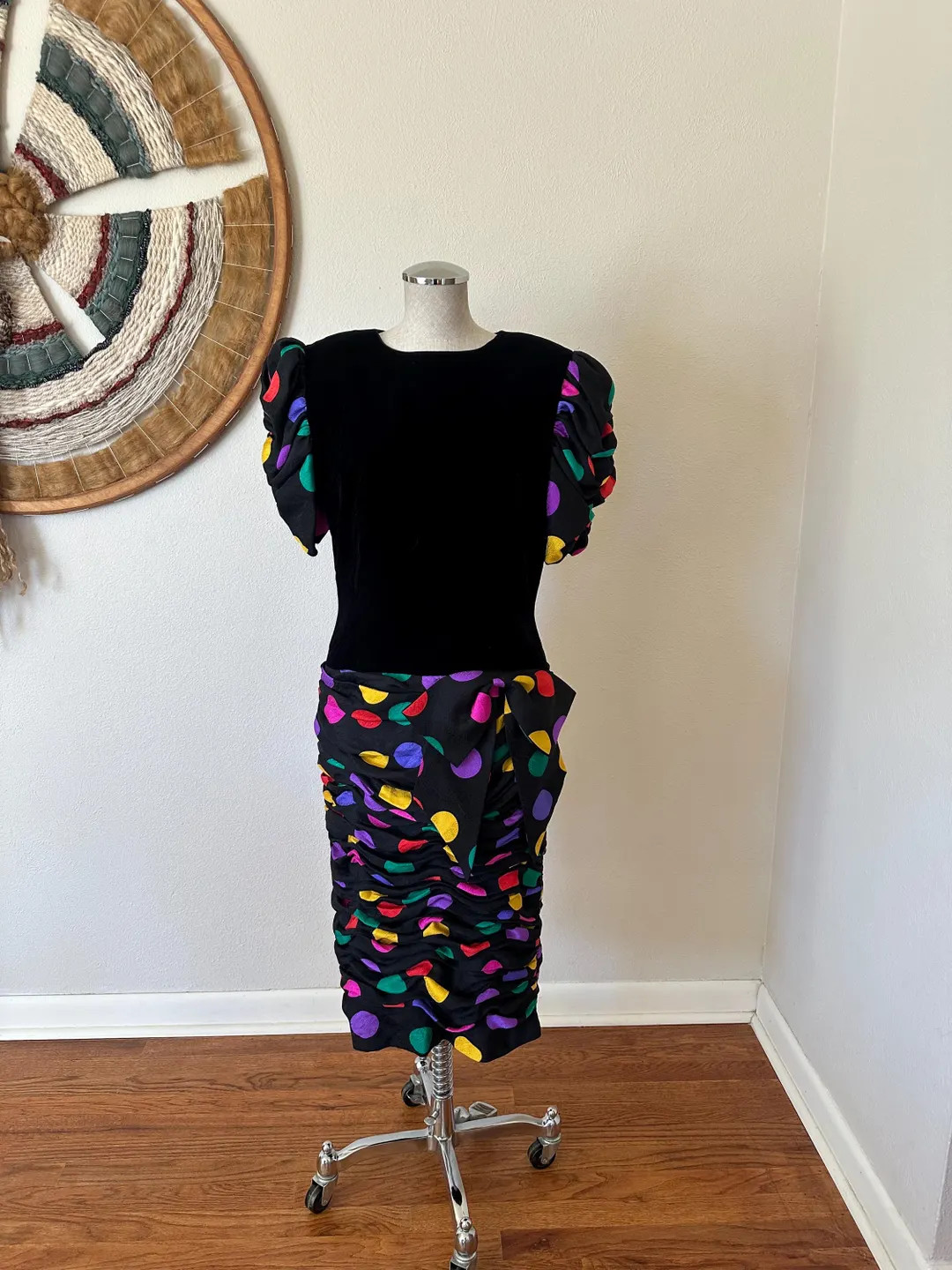 Vintage Saks Fifth Avenue Velvet Silk Polka Dot Puff Sleeve Party Dress Bow M/L | Etsy (US)