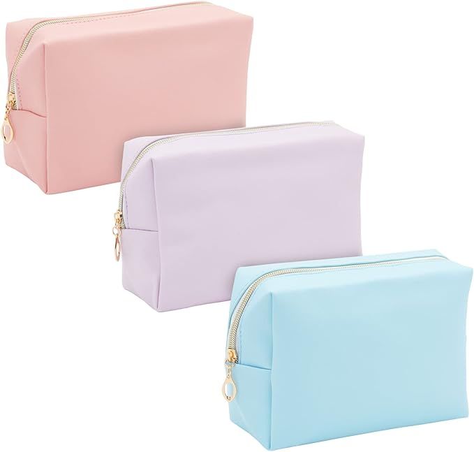 Amazon.com: 3 Pack Faux Leather Makeup Bag with Zipper, Travel Cosmetic Pouches (3 Pastel Colors)... | Amazon (US)