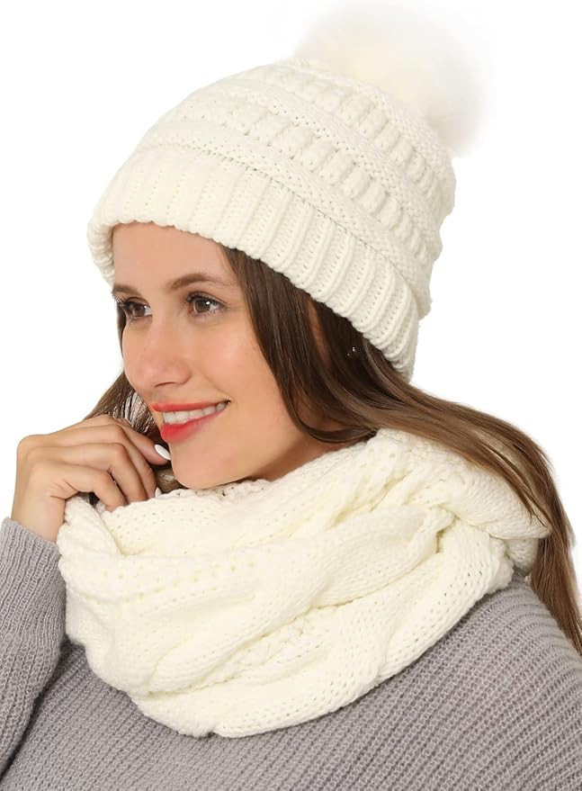 Double Couple Winter Scarf and Hat Set for Women Thick Cable Knitted Circle Loop Infinity Scarfs ... | Amazon (US)