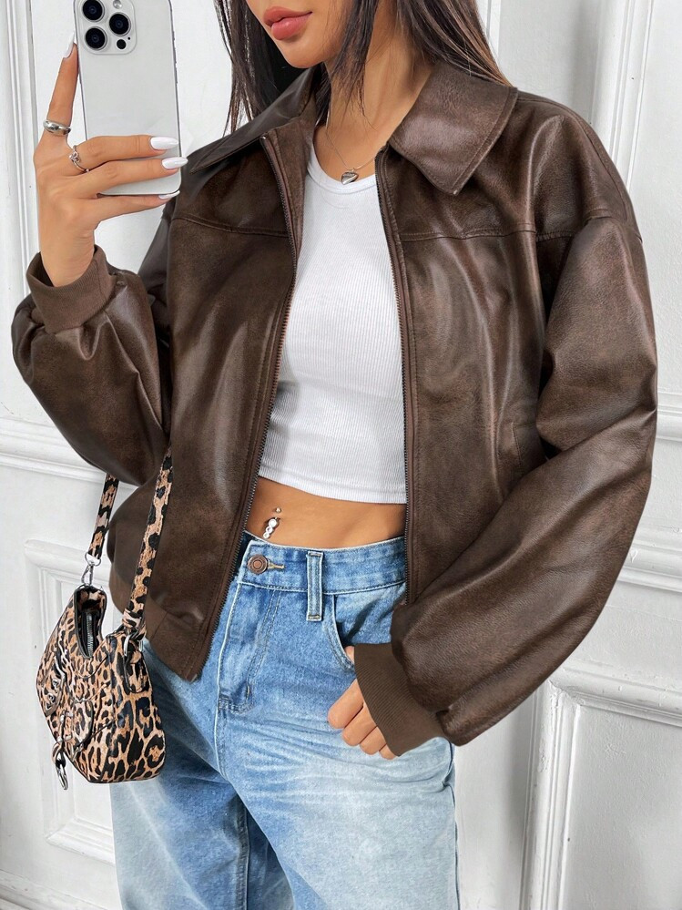 brown leather jacket | SHEIN