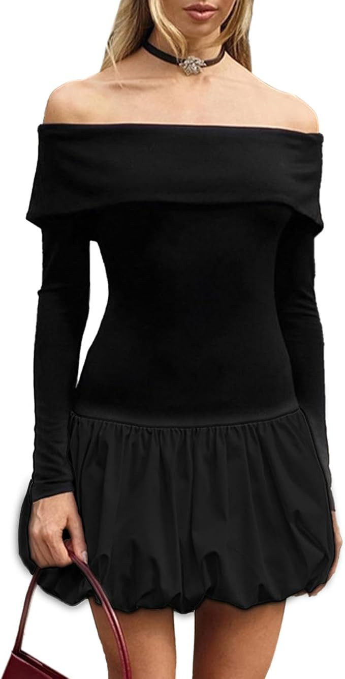 Women Bubble Mini Dress Long Sleeve Off Shoulder Puffy Short Dress Fall Cocktail Party Formal Dre... | Amazon (US)