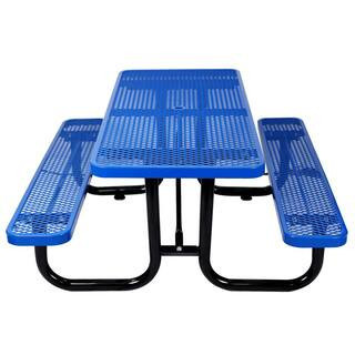 72 in. Blue Rectangular Outdoor Steel Picnic Table with Umbrella Hole | The Home Depot