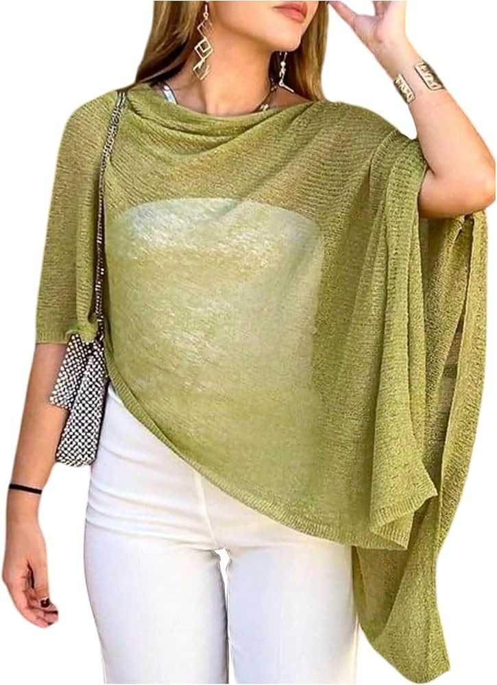 SHENHE Women's Plus Size Knit Poncho Sweater Sheer Lightweight Shawl Wraps Sweater Cape Shrug | Amazon (US)