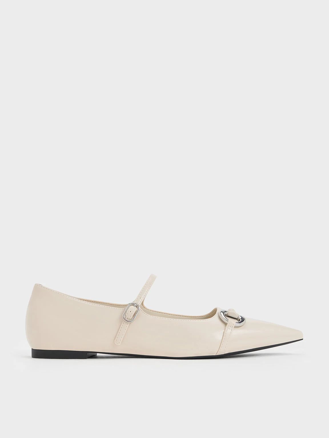 Metallic Accent Pointed-Toe Mary Janes
 - Chalk | Charles & Keith UK
