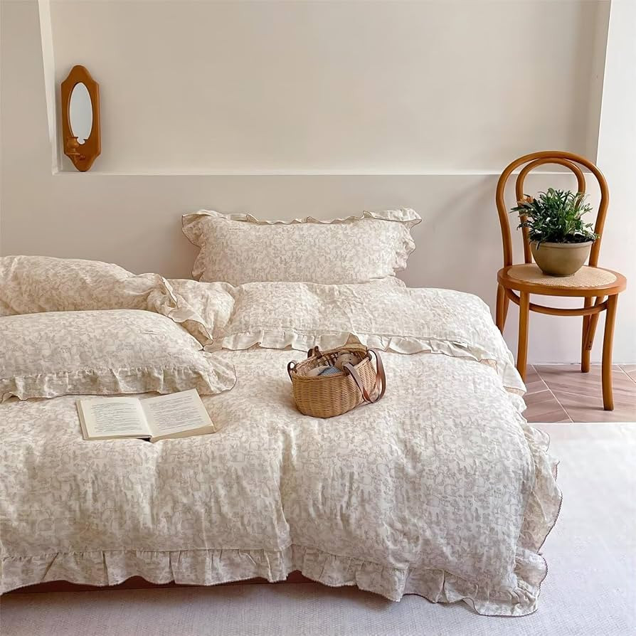 BuLuTu Flower Rabbit Print Duvet Cover Twin, Soft Breathable Muslin Cotton Quilt Cover 68"x86", G... | Amazon (US)