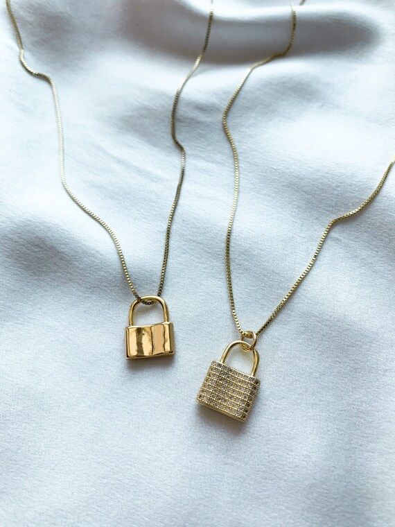 14k Gold Filled Lock Charm Pendant Necklace, Micro Pave Padlock, Box Chain, CZ Cubic Zirconia Pav... | Etsy (US)