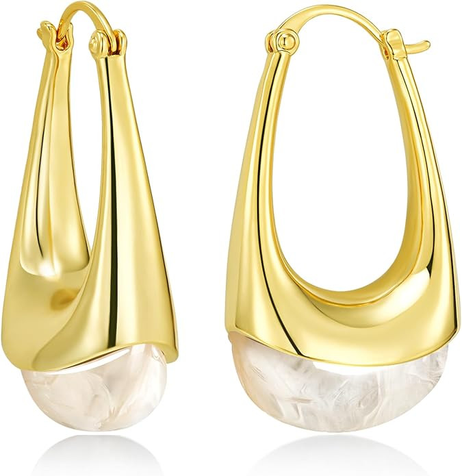 Long Oval Chunky Dangle 18K gold plated Hoops with Colored Resin Gemstone Statement Earrings for ... | Amazon (US)
