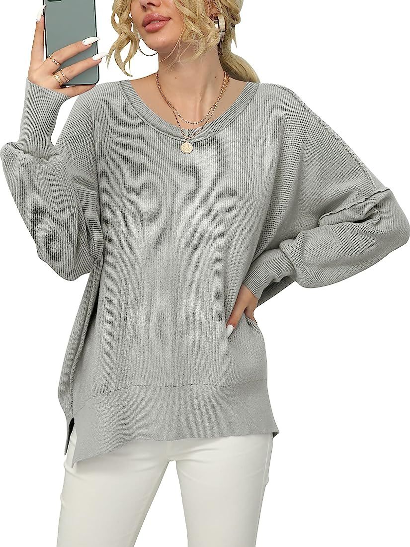 Women's V Neck Long Sleeve Oversized Side Slit Ribbed Knit Pullover Sweater Top Free People Dupe  | Amazon (US)