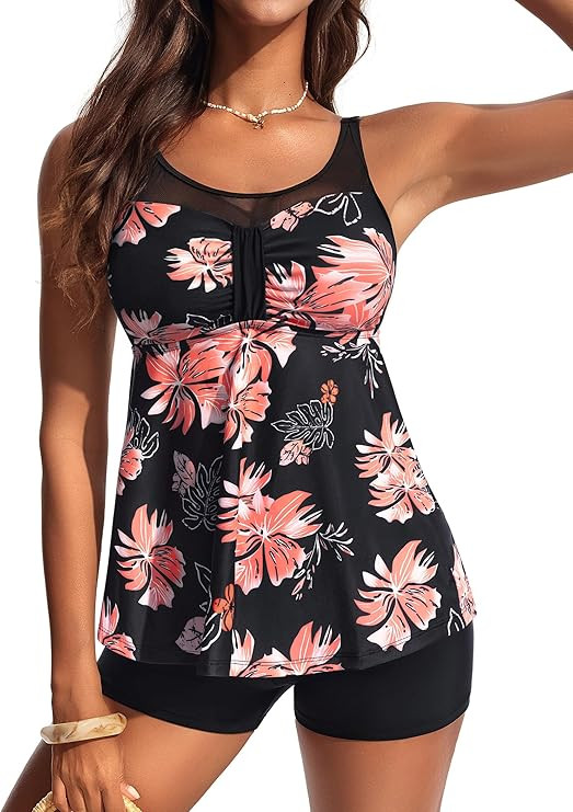 Hanna Nikole Women Two Piece Tankini Swimsuit Modest Bathing Suit Mesh Flowy Swim Top with Tummy ... | Amazon (US)