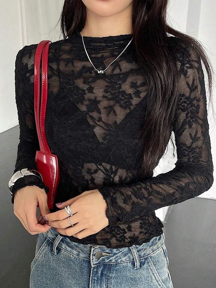 DAZY Top de dame à manches longues, col montant mi-Top transparent en dentelle, pour sortie | SHEIN