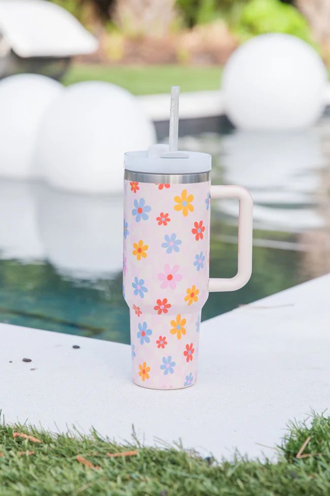 Sippin' Pretty Summer Checkered Daisy 40 oz Drink Tumbler With Lid And Straw | Pink Lily