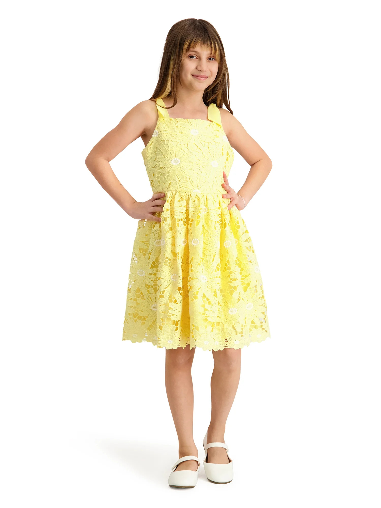 Kensie Girl Bow Strap Embroidered Heavy Lace Dress, Sizes 4-16 | Walmart (US)