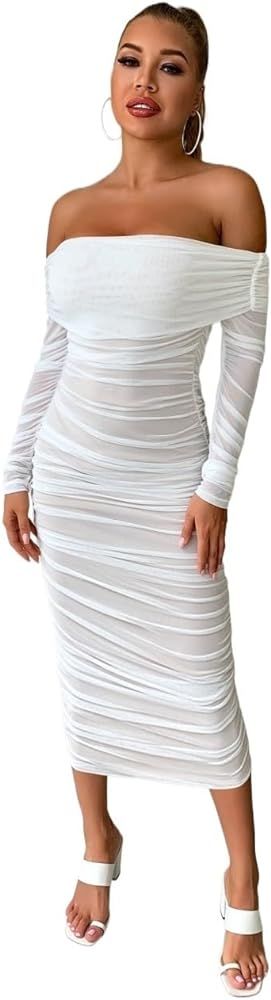 ARTANT Women's Dress Off Shoulder Ruched Mesh Short Dress Slim Fit | Amazon (US)