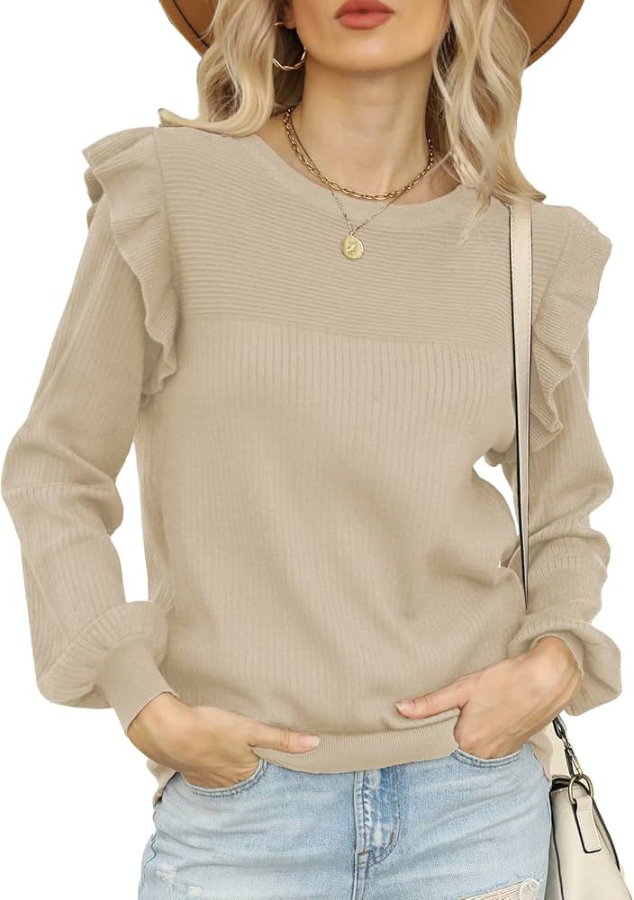 DEEP SELF Womens Long Sleeve Sweaters Ruffle Sweater for Women Casual Fall Sweatshirts Cozy Knit Pul | Amazon (US)