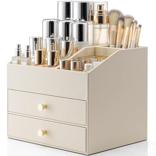 Vlando Makeup Organizer for Vanity,Large Capacity Countertop Organizer with Drawers, PU Leather Cosmetic Display Case for Lipstick,Brushes,Skincare,Bedroom Storage (Beige) | Amazon (US)