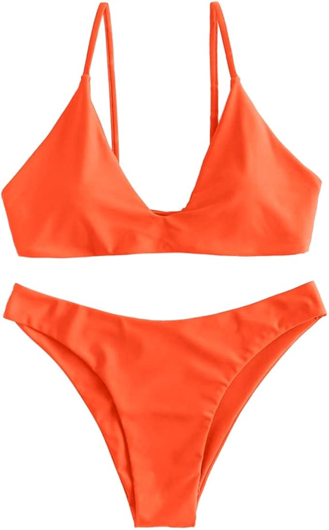 ZAFUL Women's Tie Back Padded High Cut Bralette Bikini Set Two Piece Swimsuit | Amazon (US)